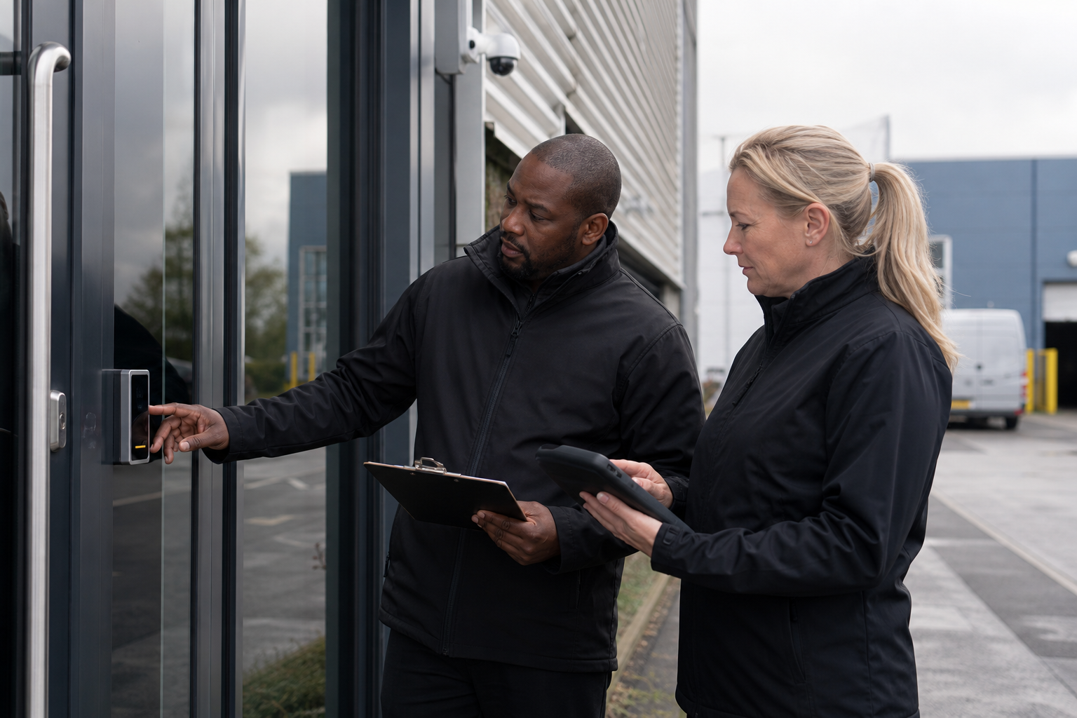 Security and facilities professionals carrying out a site assessment